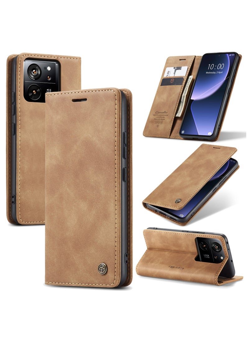CaseMe Xiaomi 13T/13T pro Case Wallet Case Book Folding Flip Folio Case with Magnetic Kickstand Card Slots Protective Cover - Brown - Image 1
