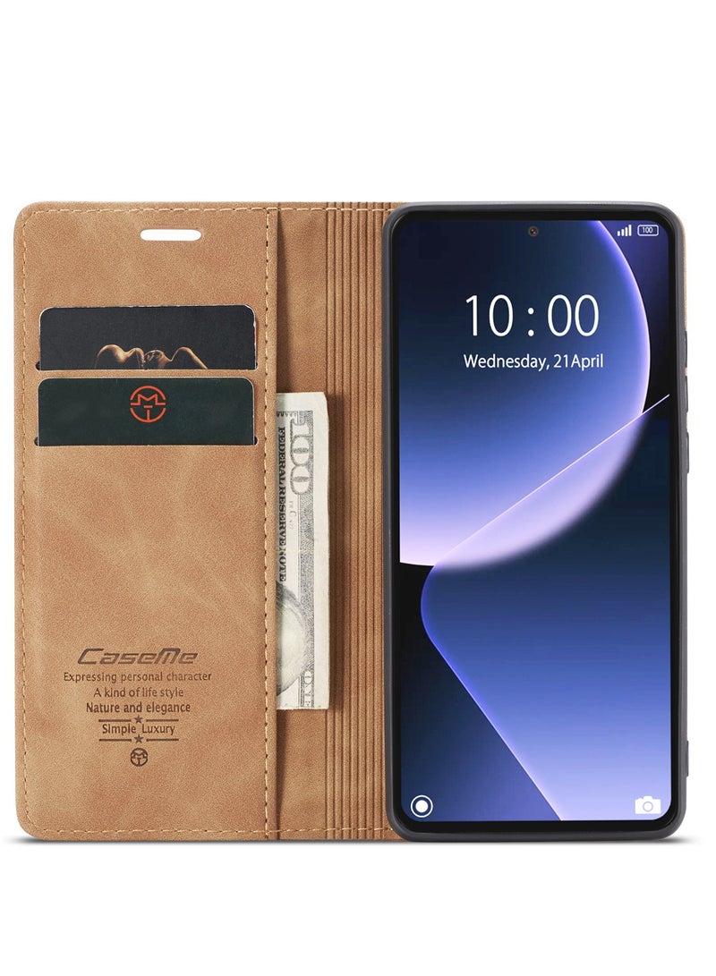 CaseMe Xiaomi 13T/13T pro Case Wallet Case Book Folding Flip Folio Case with Magnetic Kickstand Card Slots Protective Cover - Brown - Image 4
