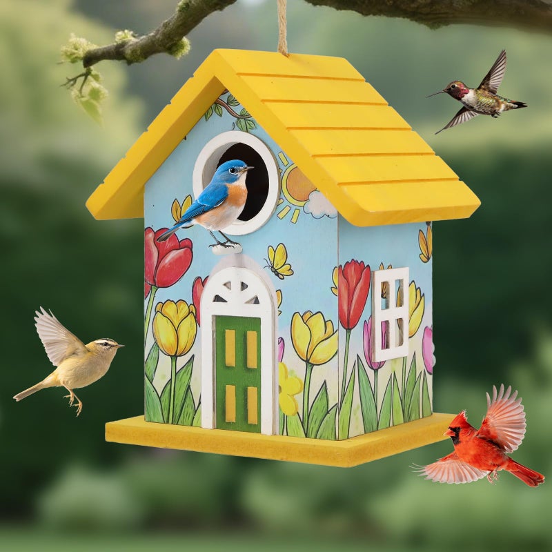 MINWOLF Wooden Bird Houses Bird House for Outside Yellow Wood Bird House for Outdoors,Handmade Painted Tulips Bird Houses for Garden Blue Bird Hummingbird Wren Cardinal Swallow Sparrow Finch Chickadee - Image 1