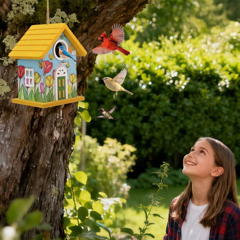 MINWOLF Wooden Bird Houses Bird House for Outside Yellow Wood Bird House for Outdoors,Handmade Painted Tulips Bird Houses for Garden Blue Bird Hummingbird Wren Cardinal Swallow Sparrow Finch Chickadee - Image 5