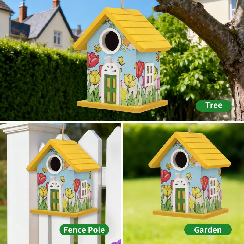 MINWOLF Wooden Bird Houses Bird House for Outside Yellow Wood Bird House for Outdoors,Handmade Painted Tulips Bird Houses for Garden Blue Bird Hummingbird Wren Cardinal Swallow Sparrow Finch Chickadee - Image 4