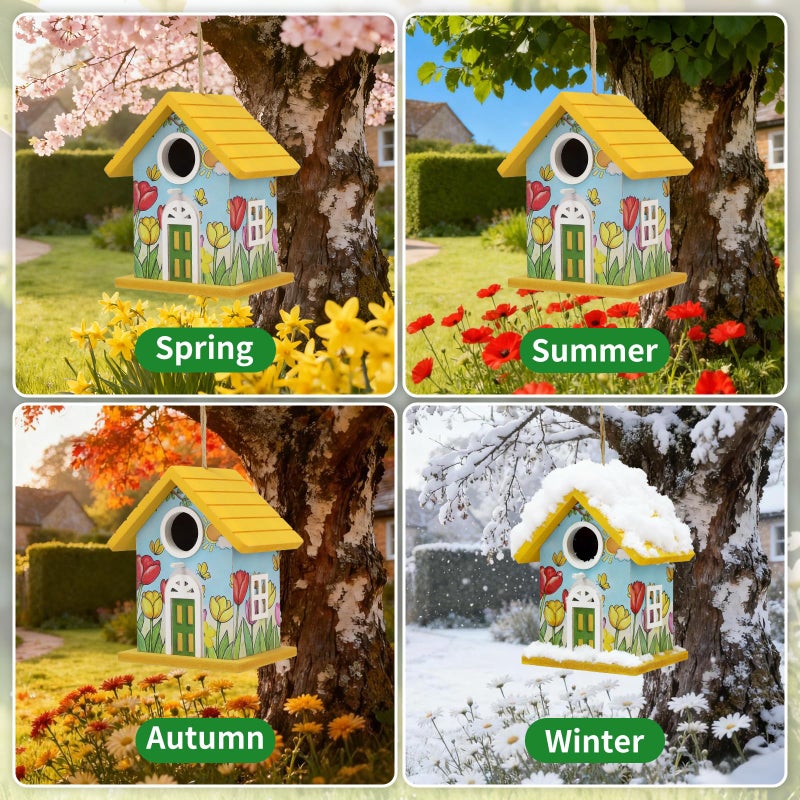 MINWOLF Wooden Bird Houses Bird House for Outside Yellow Wood Bird House for Outdoors,Handmade Painted Tulips Bird Houses for Garden Blue Bird Hummingbird Wren Cardinal Swallow Sparrow Finch Chickadee - Image 3