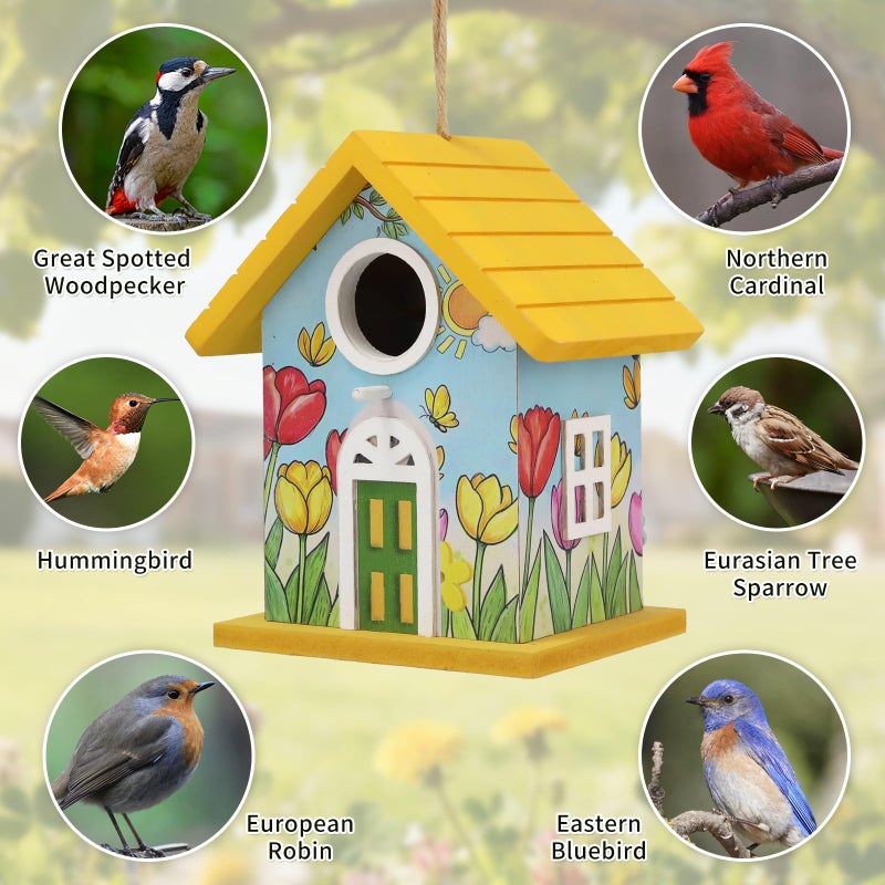 MINWOLF Wooden Bird Houses Bird House for Outside Yellow Wood Bird House for Outdoors,Handmade Painted Tulips Bird Houses for Garden Blue Bird Hummingbird Wren Cardinal Swallow Sparrow Finch Chickadee - Image 2