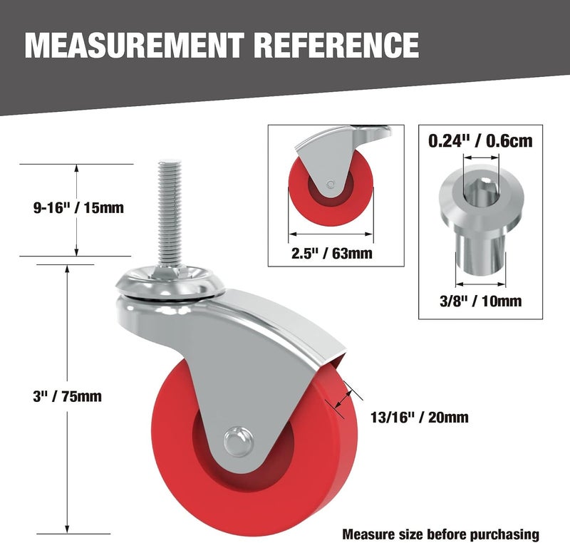 BIG RED 2.5 Inch Stem Caster Wheels Set of 6,Heavy Duty 360 Degree Swivel Stem Casters for Creeper Service Utility Cart Stool Post Mount,ATR6551-6PB - Image 2