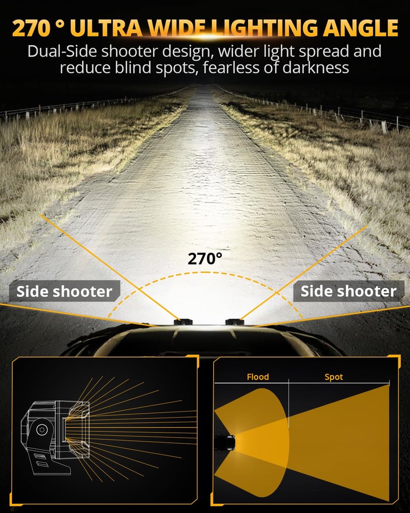 Auxbeam بود LED من سلسلة Auxbeam V-MAX، أضواء LED جانبية بزاوية 270° مع إضاءة نهارية باللون الكهرماني، ضوء إضافي بحجم 4 بوصات للشاحنات و ATV و جيب و فورد - Image 3