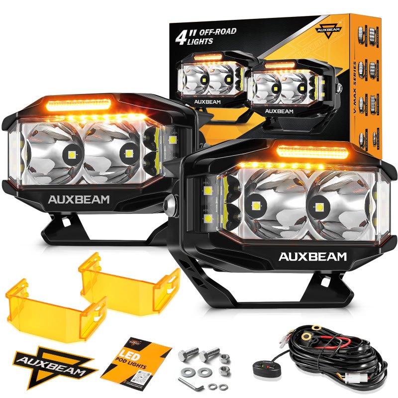 Auxbeam بود LED من سلسلة Auxbeam V-MAX، أضواء LED جانبية بزاوية 270° مع إضاءة نهارية باللون الكهرماني، ضوء إضافي بحجم 4 بوصات للشاحنات و ATV و جيب و فورد - Image 1