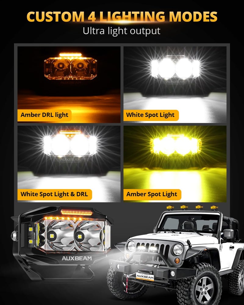 Auxbeam بود LED من سلسلة Auxbeam V-MAX، أضواء LED جانبية بزاوية 270° مع إضاءة نهارية باللون الكهرماني، ضوء إضافي بحجم 4 بوصات للشاحنات و ATV و جيب و فورد - Image 2