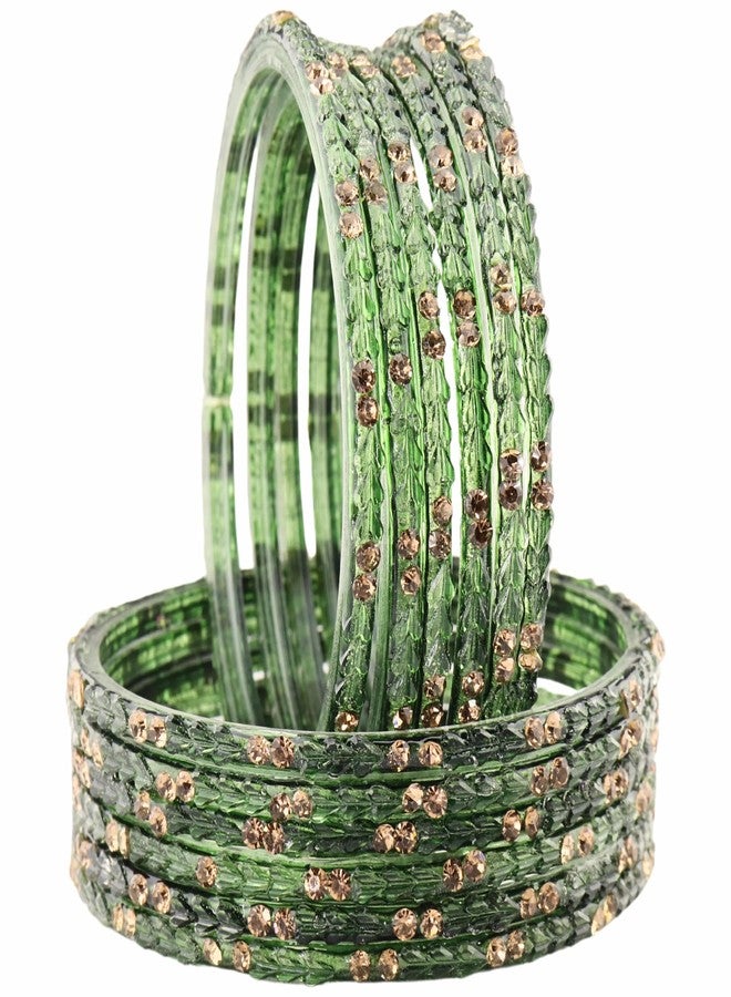 LAVAZZA Diamond Glass Bangles Set For Women & Girls with Zircon Stone & Crystal Beads Work | Glossy finish Glass Bangles| Bangle |Daily use Glass Bangles -(LV_MD3-Sikandar-KaiGreen-2.6) - Image 1