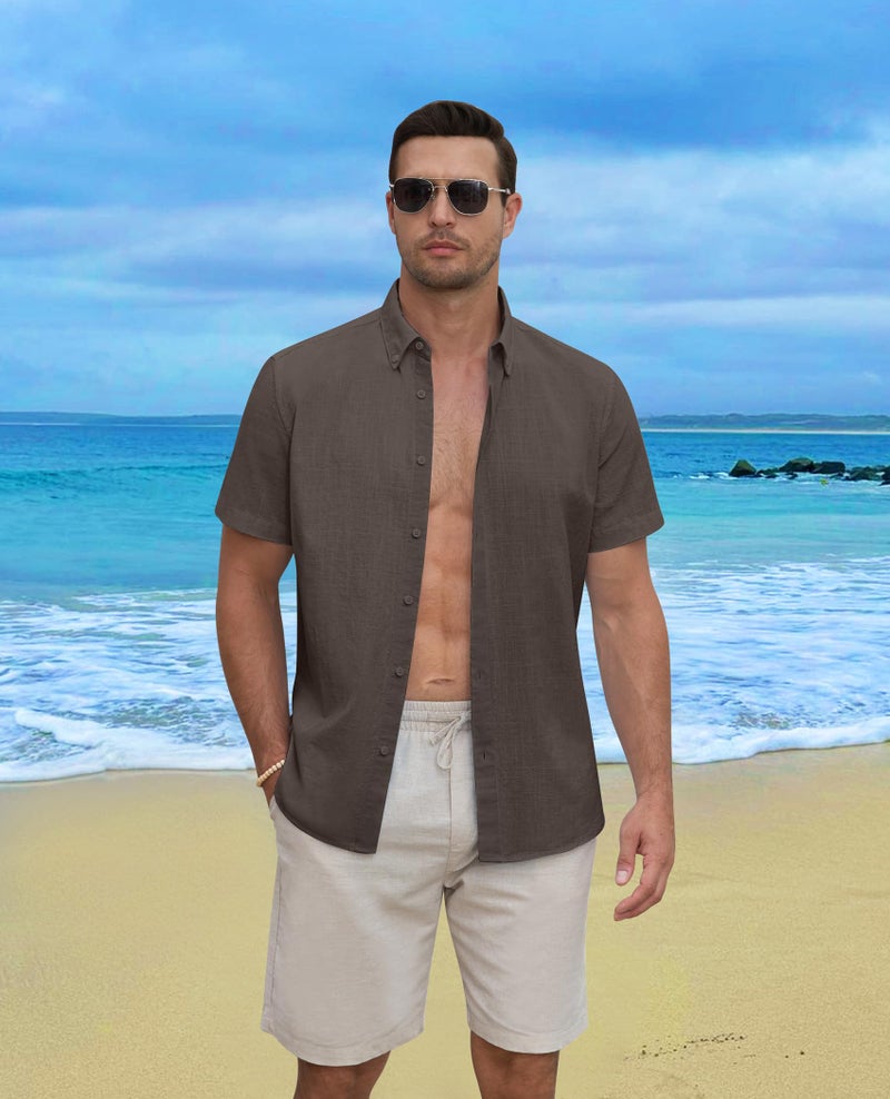 Lion Nardo Linen Shirts for Men Short Sleeve Linen Button Down Shirts Hawaiian Shirt for Men Beach Shirts Summer Shirts Light Brown - Image 5