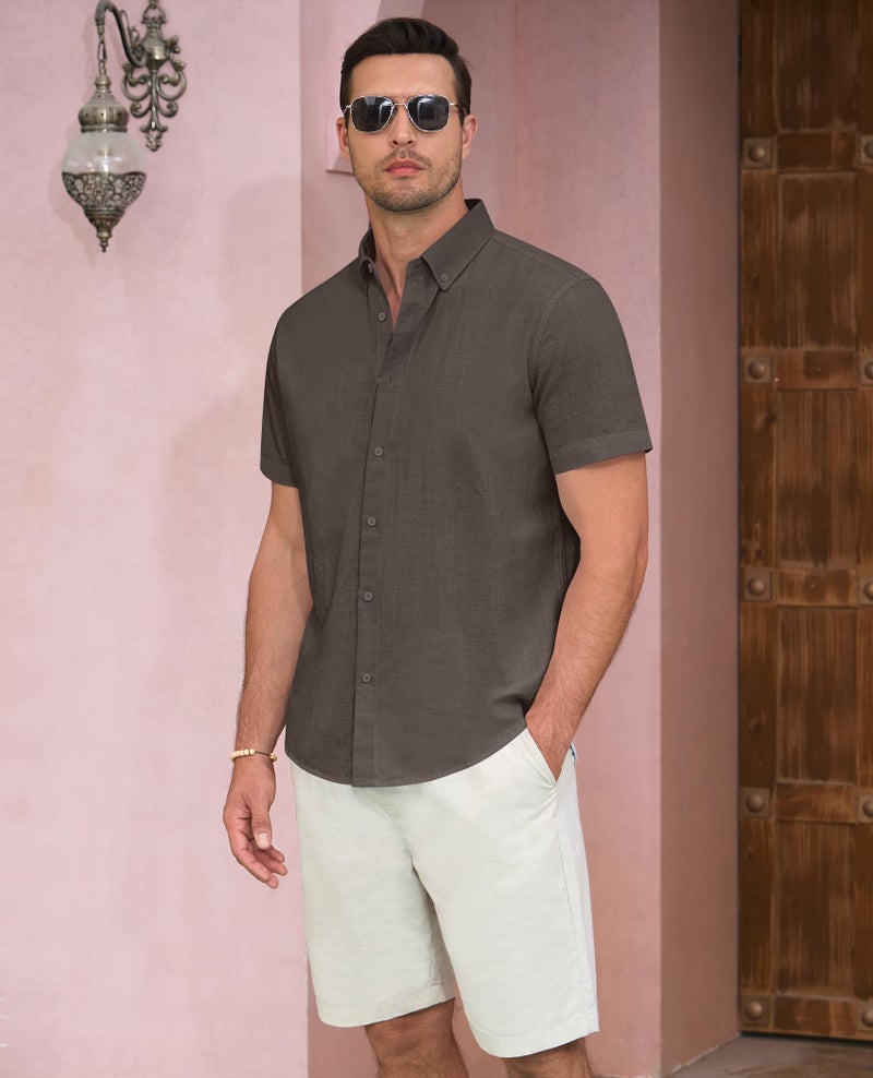 Lion Nardo Linen Shirts for Men Short Sleeve Linen Button Down Shirts Hawaiian Shirt for Men Beach Shirts Summer Shirts Light Brown - Image 4