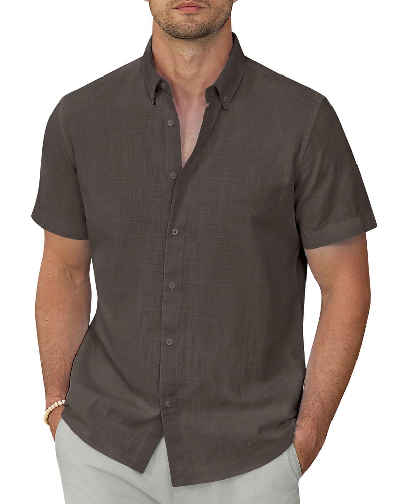 Lion Nardo Linen Shirts for Men Short Sleeve Linen Button Down Shirts Hawaiian Shirt for Men Beach Shirts Summer Shirts Light Brown - Image 1
