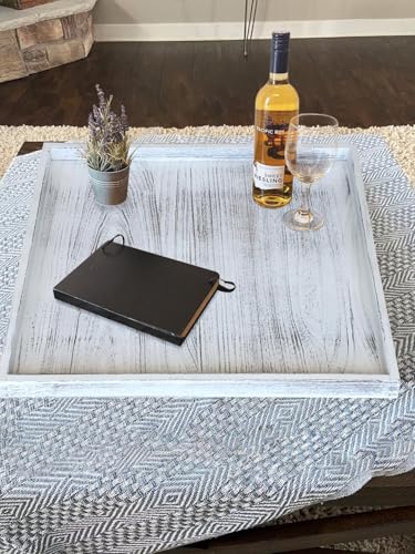 Gurfuy Extra Large Square Ottoman Table Tray 24 inch - Rustic Wooden Serving Tray for Farmhouse Decorative Oversized Coffee Table Trays Living Room Kitchen Counter Breakfast Whitewash - Image 5