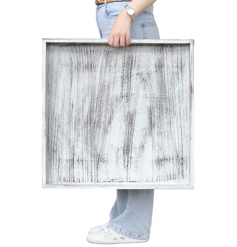 Gurfuy Extra Large Square Ottoman Table Tray 24 inch - Rustic Wooden Serving Tray for Farmhouse Decorative Oversized Coffee Table Trays Living Room Kitchen Counter Breakfast Whitewash - Image 1