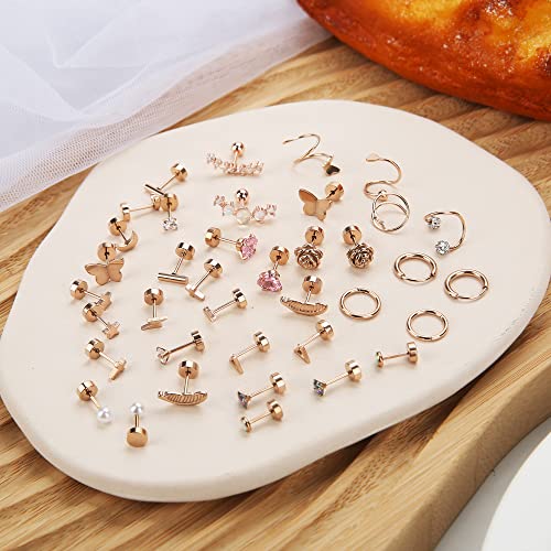 Staligue Stainless Steel Earrings,Staligue 19 Pairs Flat Back Earrings and Cartilage Hoop Earrings for Women Hypoallergenic Flat Back Stud Earrings Heart Opal Star Moon 20g Tiny Screw Back Cartilage Earring - Image 3