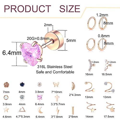 Staligue Stainless Steel Earrings,Staligue 19 Pairs Flat Back Earrings and Cartilage Hoop Earrings for Women Hypoallergenic Flat Back Stud Earrings Heart Opal Star Moon 20g Tiny Screw Back Cartilage Earring - Image 2