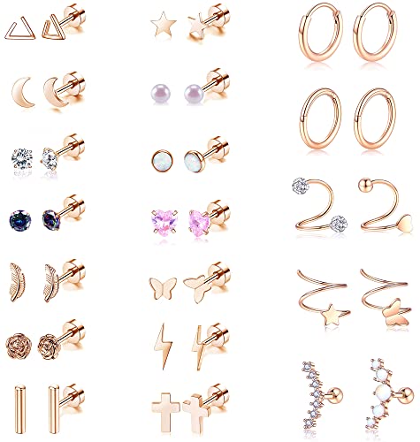 Staligue Stainless Steel Earrings,Staligue 19 Pairs Flat Back Earrings and Cartilage Hoop Earrings for Women Hypoallergenic Flat Back Stud Earrings Heart Opal Star Moon 20g Tiny Screw Back Cartilage Earring - Image 1
