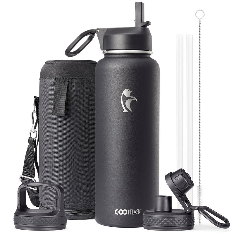 Water Bottle 40 oz Insulated with StrawBrush Coolflask Vaccum Stainless Steel Metal 3 Lids Water Flask for Sports Gym or Office Keep Cold 48H Hot 24H Magic Black