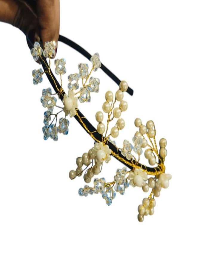 Ashkash Ashkash 1Pcs Cute And Elegant Small Pearls with Crystal Tiara with Flexible Wire Hair Band/Headband Hair Accessories For Girls And Women (White) - Image 2