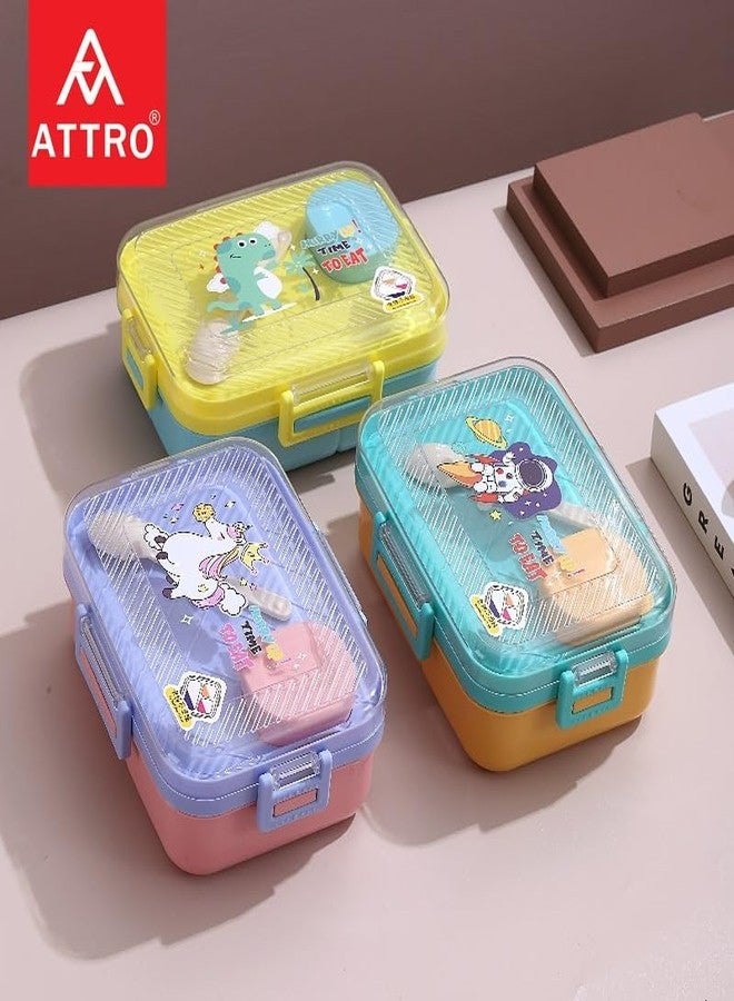 ATTRO Savour Dinosaur Themed Kids Lunch Box with 3 Compartment 1 Small Container, 1 Spoon & Separate Internal Lid Leakproof BPA Free- 1270ml+70ml Yellow - Image 4
