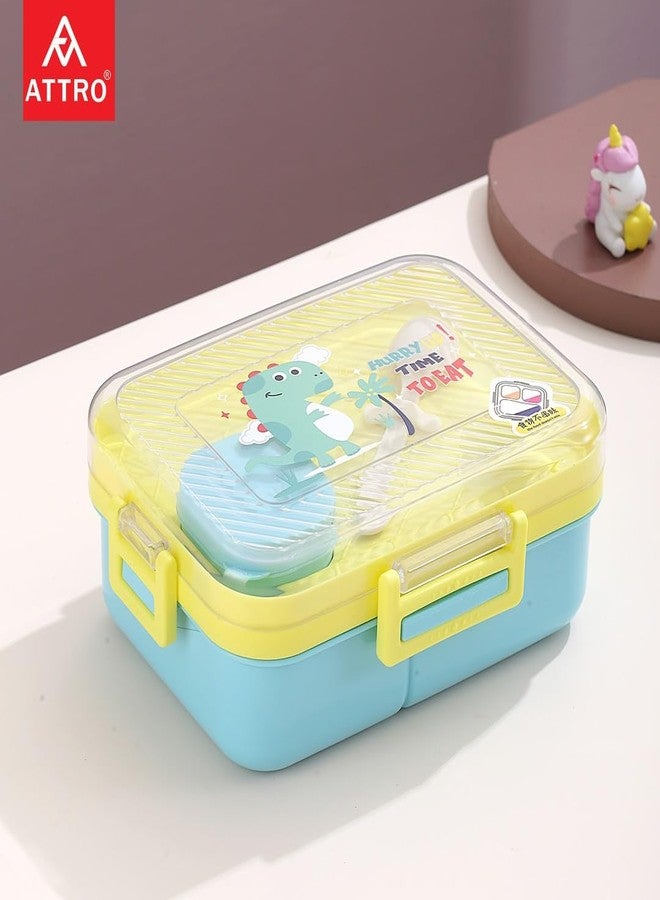 ATTRO Savour Dinosaur Themed Kids Lunch Box with 3 Compartment 1 Small Container, 1 Spoon & Separate Internal Lid Leakproof BPA Free- 1270ml+70ml Yellow - Image 2