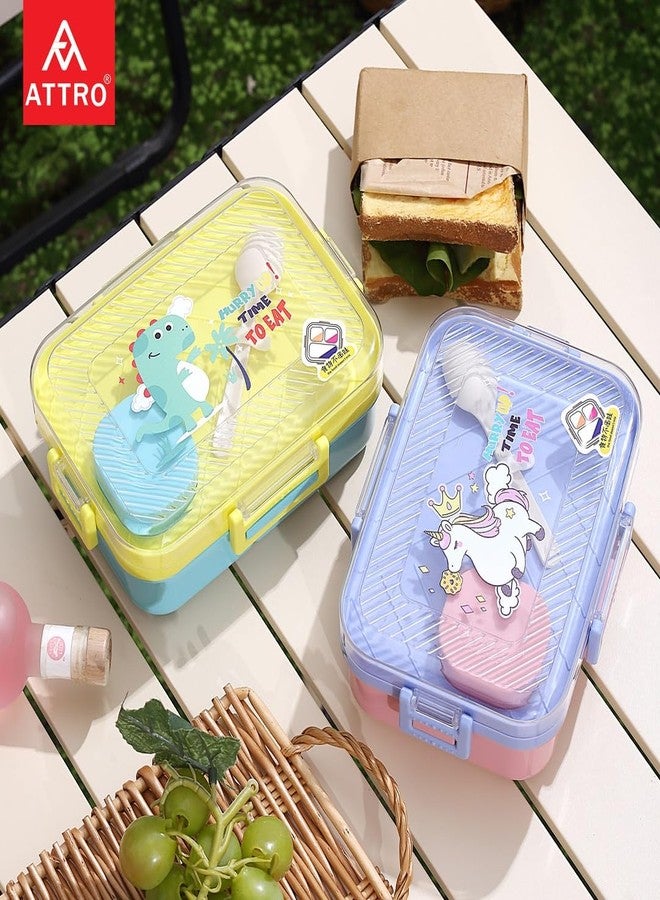 ATTRO Savour Dinosaur Themed Kids Lunch Box with 3 Compartment 1 Small Container, 1 Spoon & Separate Internal Lid Leakproof BPA Free- 1270ml+70ml Yellow - Image 3