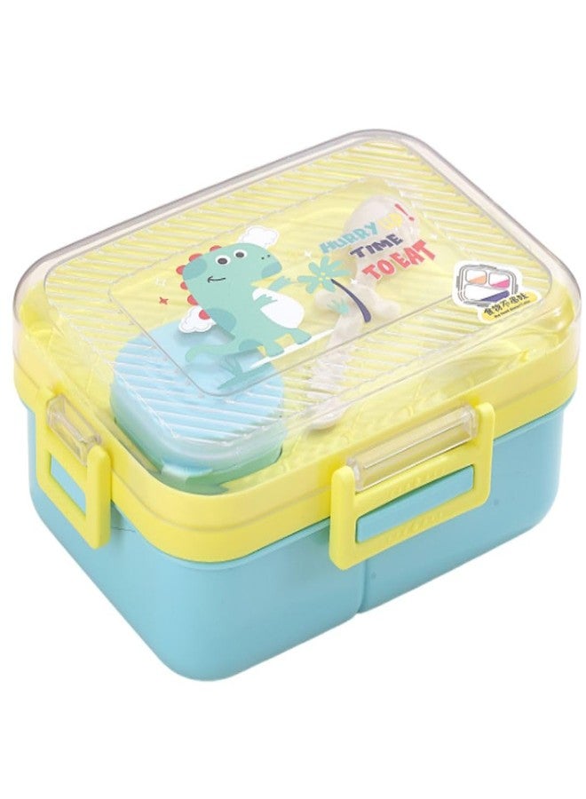 ATTRO Savour Dinosaur Themed Kids Lunch Box with 3 Compartment 1 Small Container, 1 Spoon & Separate Internal Lid Leakproof BPA Free- 1270ml+70ml Yellow - Image 1