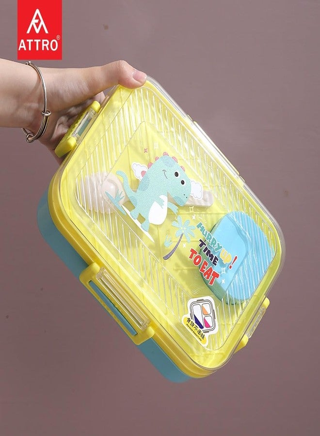 ATTRO Savour Dinosaur Themed Kids Lunch Box with 3 Compartment 1 Small Container, 1 Spoon & Separate Internal Lid Leakproof BPA Free- 1270ml+70ml Yellow - Image 5