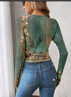 EMERY ROSE Women's Casual Retro Floral Pattern Slim Fit Crew Neck Long Sleeve T-Shirt, Suitable For Autumn And Winter  - Image 2
