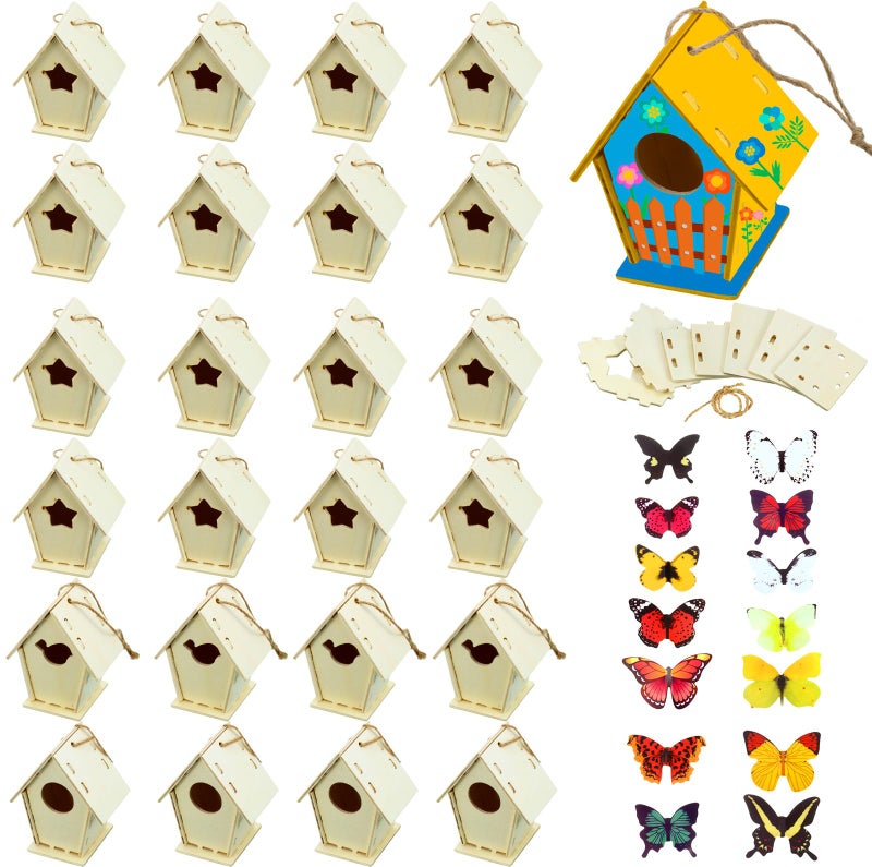 Outus 24 Pcs Wooden DIY Birdhouse Kits for Kids to Build 4 Shapes Birdhouse Kit Wooden Unfinished with Butterfly Sticker for Boy Girl Arts CraftsVintage - Image 2