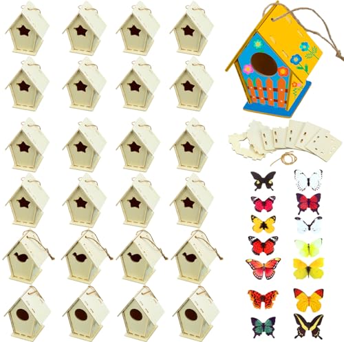 Outus 24 Pcs Wooden DIY Birdhouse Kits for Kids to Build 4 Shapes Birdhouse Kit Wooden Unfinished with Butterfly Sticker for Boy Girl Arts CraftsVintage - Image 1