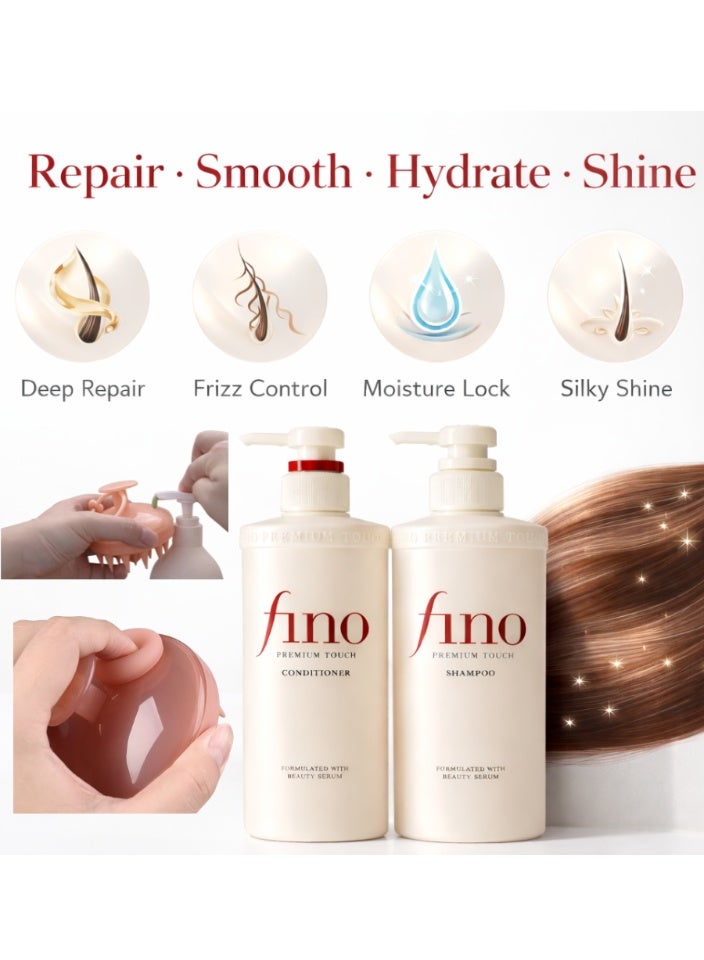 Shiseido Fino Premium Touch Shampoo & Conditioner Set with Silicone Scalp Massager – Deep Repair, Anti-Frizz & Hydrating Hair Care System with Beauty Serum Formula for Smooth, Silky & Shiny Hair - Image 2