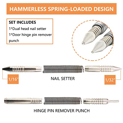 WHLLING 2-Piece Dual Head Nail Setter and Hinge Pin Punch Set, Hammerless 1/32″& 1/16″Spring Nail Set, 5000 PSI Striking Force Door Pin Removal Tool - Image 2