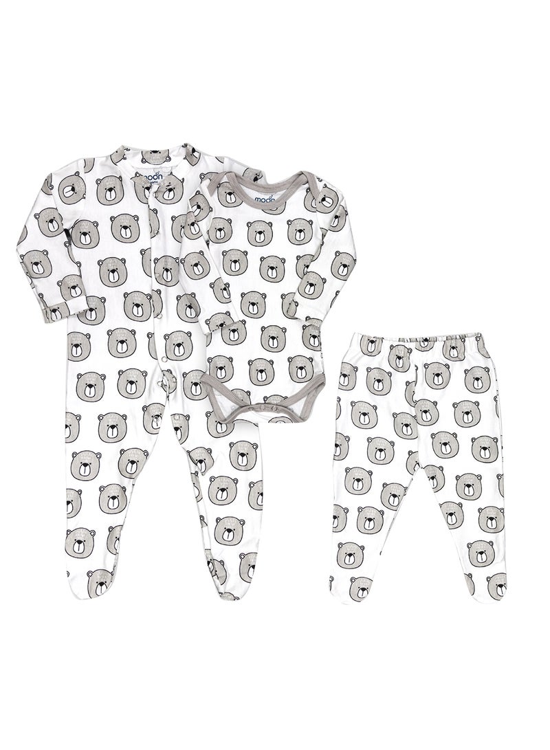Moon Organic Baby 3 In 1 Gift Set Romper Body Suit Jogger For 0-3 Months - Bear Print - Image 1