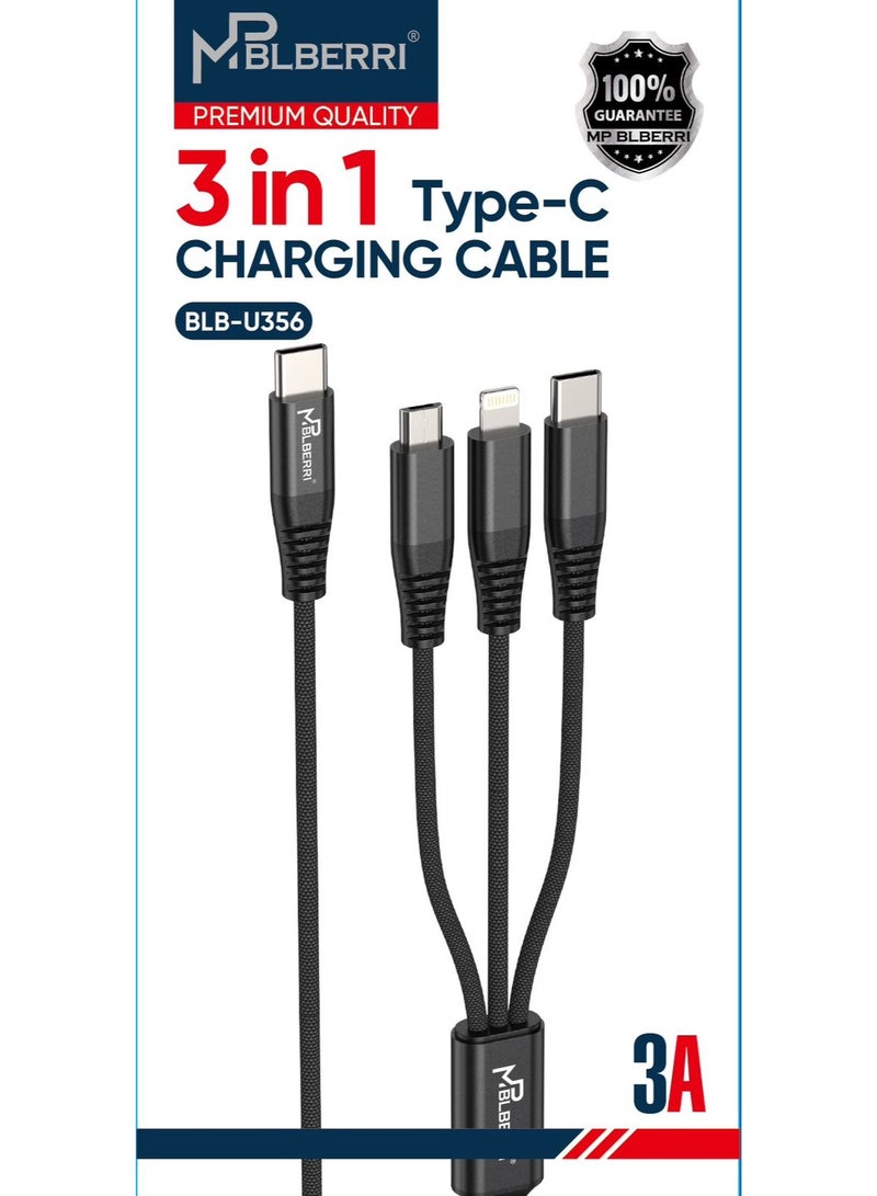 MPBLBERRI 3-in-1 Type-C Fast Charging Cable 3A – Multi Charging Cable with USB-C, Lightning & Micro USB Connectors for iPhone, Android Phones & Tablets - Image 2