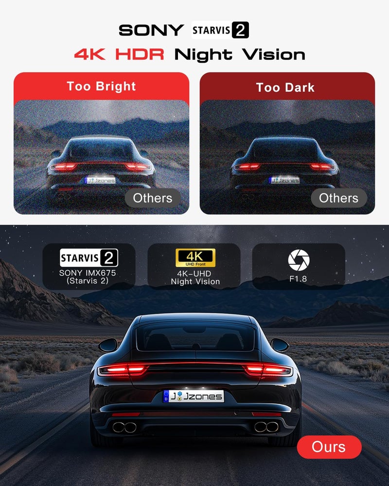 Jzones Dash Cam Front and Rear: 4K+1080P+1080P 3 Channel Dash Camera for Cars, STARVIS 2 Sensor Dash Camera with HDR Night Vision, 24H Parking Mode Car Camera with GPS, Free 64GB Card - Image 3