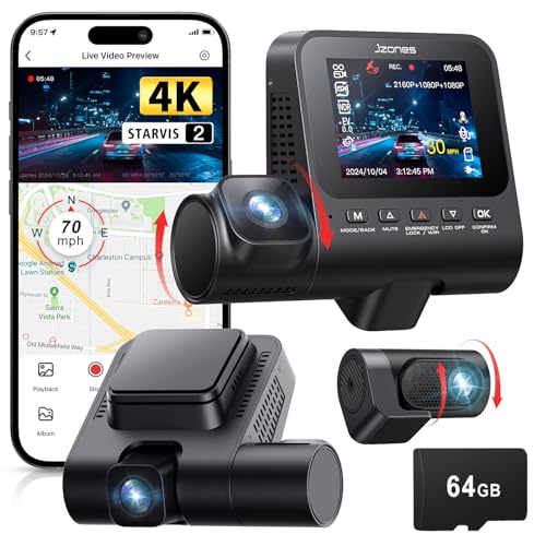 Jzones Dash Cam Front and Rear: 4K+1080P+1080P 3 Channel Dash Camera for Cars, STARVIS 2 Sensor Dash Camera with HDR Night Vision, 24H Parking Mode Car Camera with GPS, Free 64GB Card - Image 1