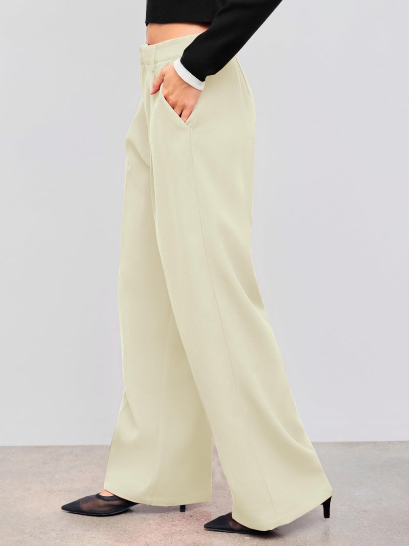 CIDER High Waist Pleated Wide Leg Pants A-Beige - Image 3