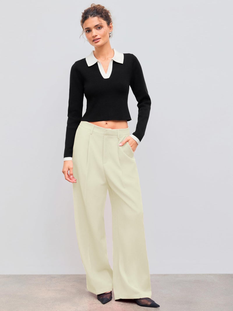 CIDER High Waist Pleated Wide Leg Pants A-Beige - Image 2