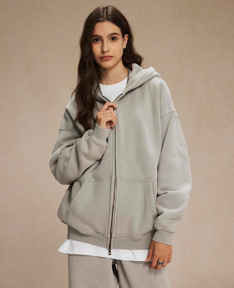 KEEPSHOWING Womens and Mens Zip Up Hoodies Long Sleeve Fall Oversized Sweatshirts Acid Wash Y2K Jacket with Pockets(Grey M) - Image 2