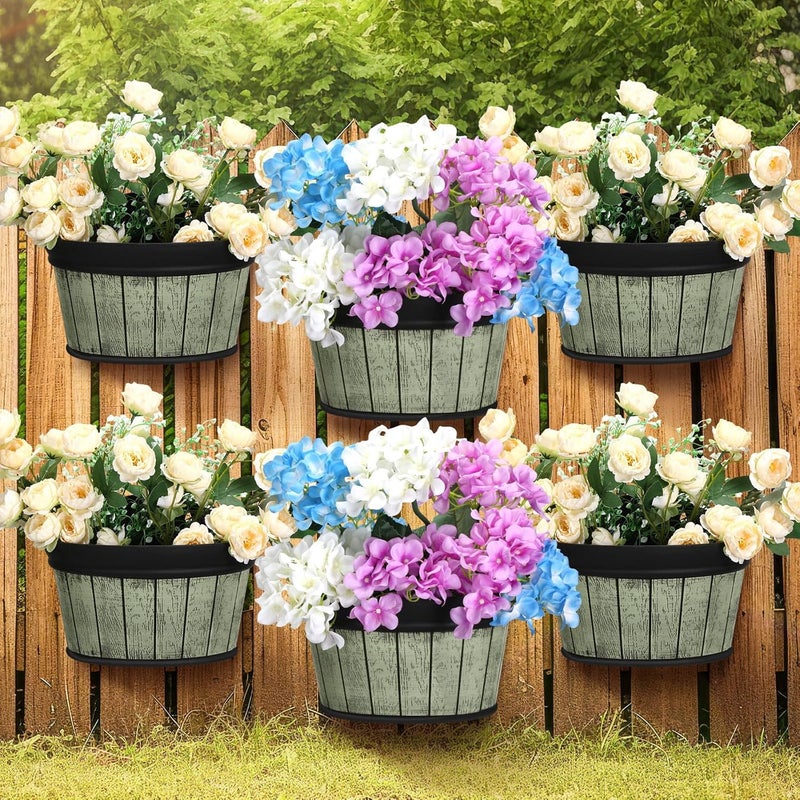 Layhit 6 Pcs Wall Hanging Planters Outdoor Pot Planter Wine Barrel Planter Distressed Oak Thickened Plastic Water Storage Flower Pots for Flower Indoor Outdoor(10 Inches,Grey Green, Brown, Black) - Image 1