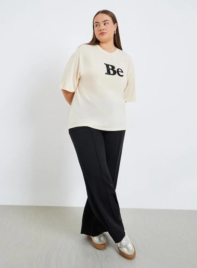Styli Plus Size Beige Embellished T-Shirt