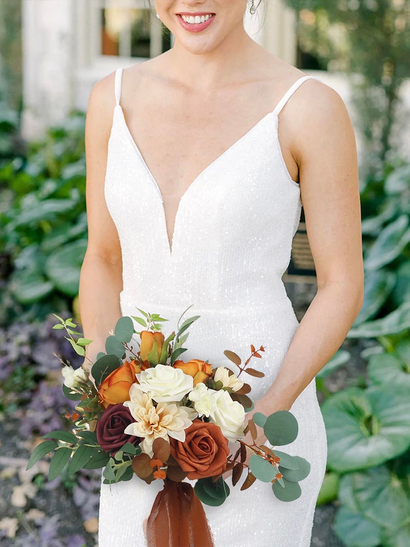 Rinlong 1Pc Burnt Orange Fall Wedding Bouquets for Bridesmaids, Terracotta Silk Flowers for Bridal Party, Premade Floral for Destination Wedding, Prom & Homecoming - Image 4