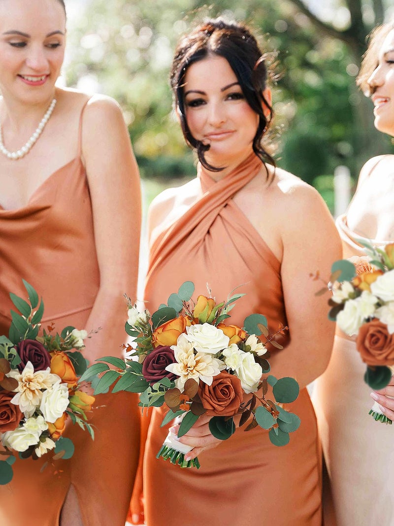 Rinlong 1Pc Burnt Orange Fall Wedding Bouquets for Bridesmaids, Terracotta Silk Flowers for Bridal Party, Premade Floral for Destination Wedding, Prom & Homecoming - Image 2