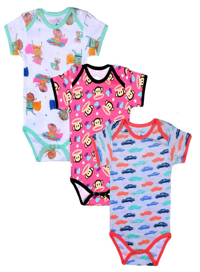 Sofie & Sam Baby Romper Half Sleeves Premium Cotton Pack of 3 - Superkid/Car/MonkeyRed (3-6 Months) - Image 1