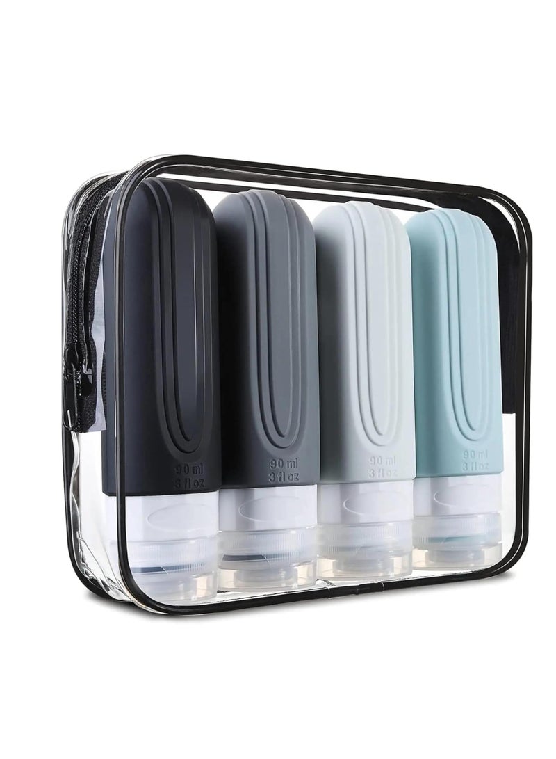 Bukela 4 Silicone Travel Bottles for Toiletries with Labels & Clear Toiletry Bag TSA-Approved, Leak-Proof, for Shampoo, Lotion, Soap, Perfect for Traveling, Gym, Camping (90ml) - Image 1