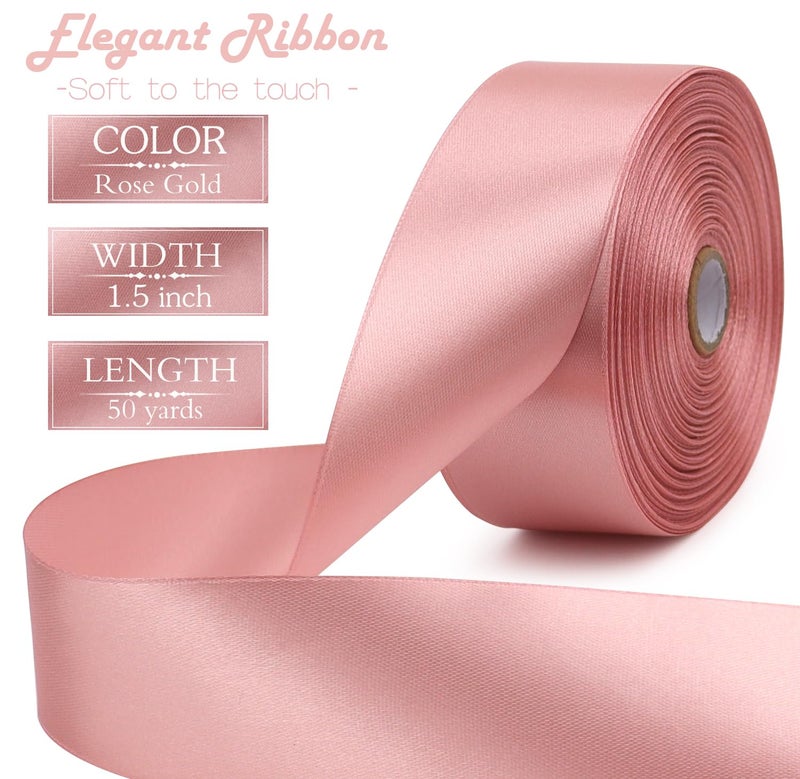 RIUNBB Rose Gold Solid Satin Ribbon 1-1/2 Inch 50 Yards Solid Polyester Fabric Ribbon for Gift Wrapping Wedding Christmas Baby Shower Birthday Party Decoration Handmade Immortal Flower Craft - Image 2