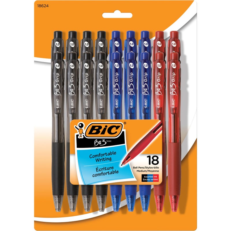 BIC BU3 Grip Retractable Ballpoint Pen, Medium Point (1.0mm), Assorted Colors, Retractable Colorful Ballpoint Pens for School and Office, 18-Count - Image 2