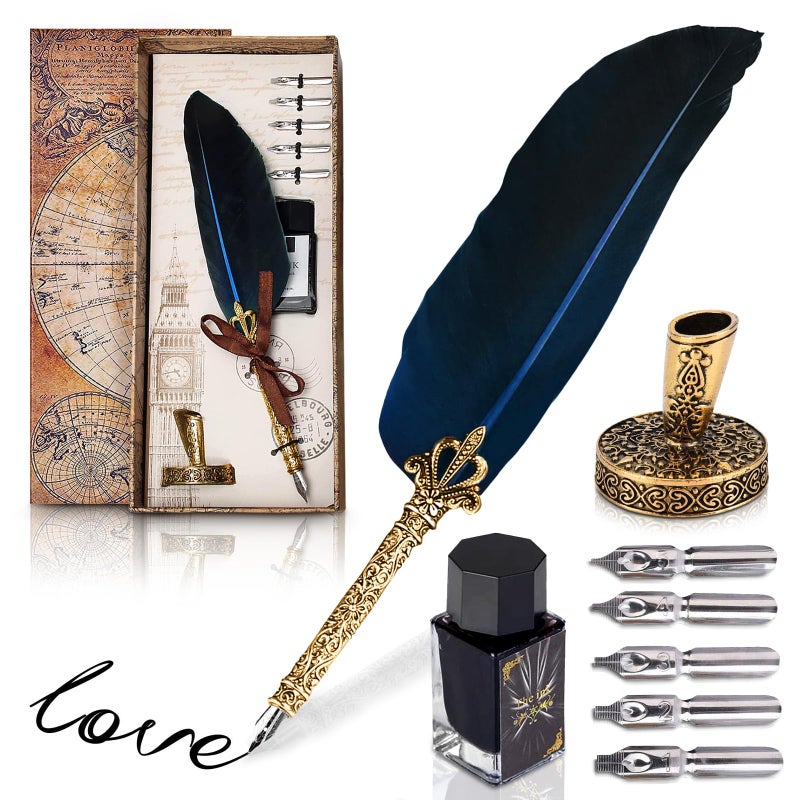 Vintage Feather Quill Pen and Ink Set Elegant Blue Feather Pen and Ink Set for Signatures Writing and Drawing Calligraphy Kit with Stainless Steel Nib for Beginners and Calligraphy Enthusiasts