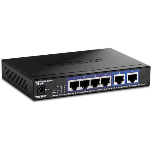 TRENDnet 6Port 10G Switch 4 x 25G RJ45 BaseT Ports 2 x 10G RJ45 Ports 60Gbps Switching Capacity Wall Mountable 10 Gigabit Network Connections Lifetime Protection Black TEGS762