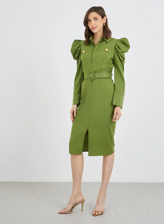 Take Two Take Two Solid Puff Sleeve Buttoned Belted Knee Length Dress